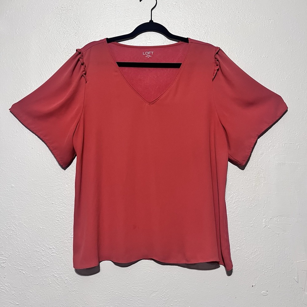 Loft Blouse Womens Coral Pink V-Neck Ruffle Shoulder Flutter Sleeve XL